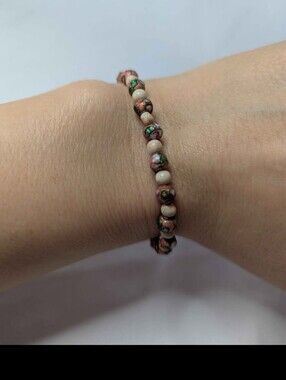 Pink Rhodochrosite Stone with Floral Cloisonne Beaded Bracelet